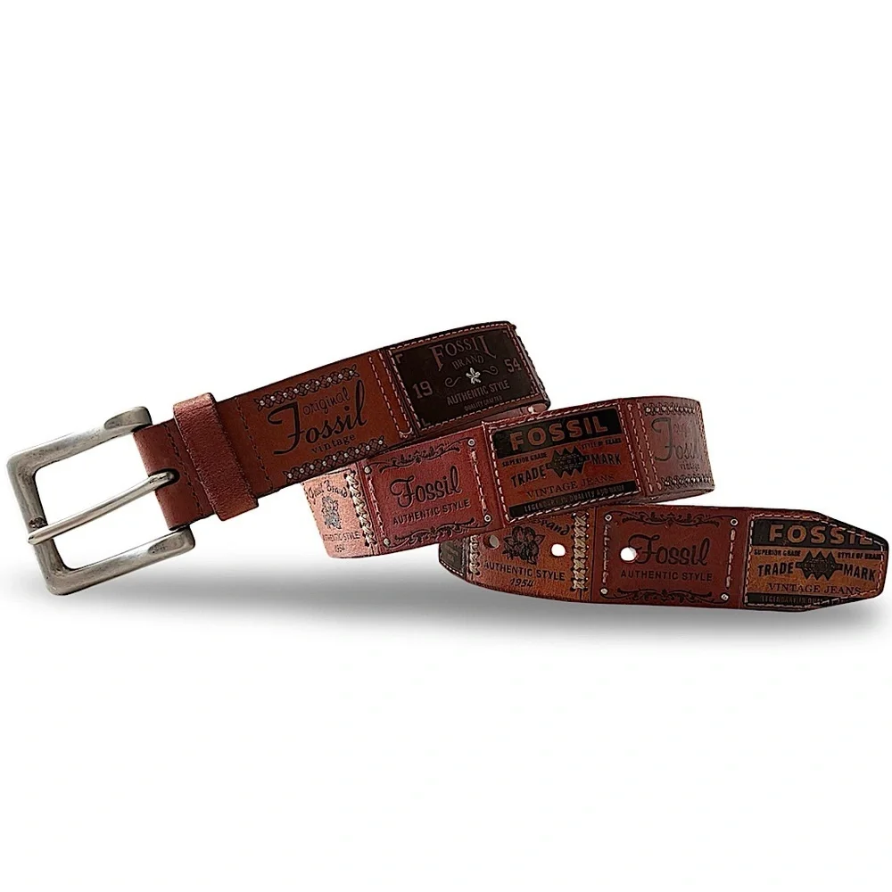 Rare Y2K VTG Fossil 54 Logo Patchwork Leather Belt | Size Medium M - Picture 14 of 14